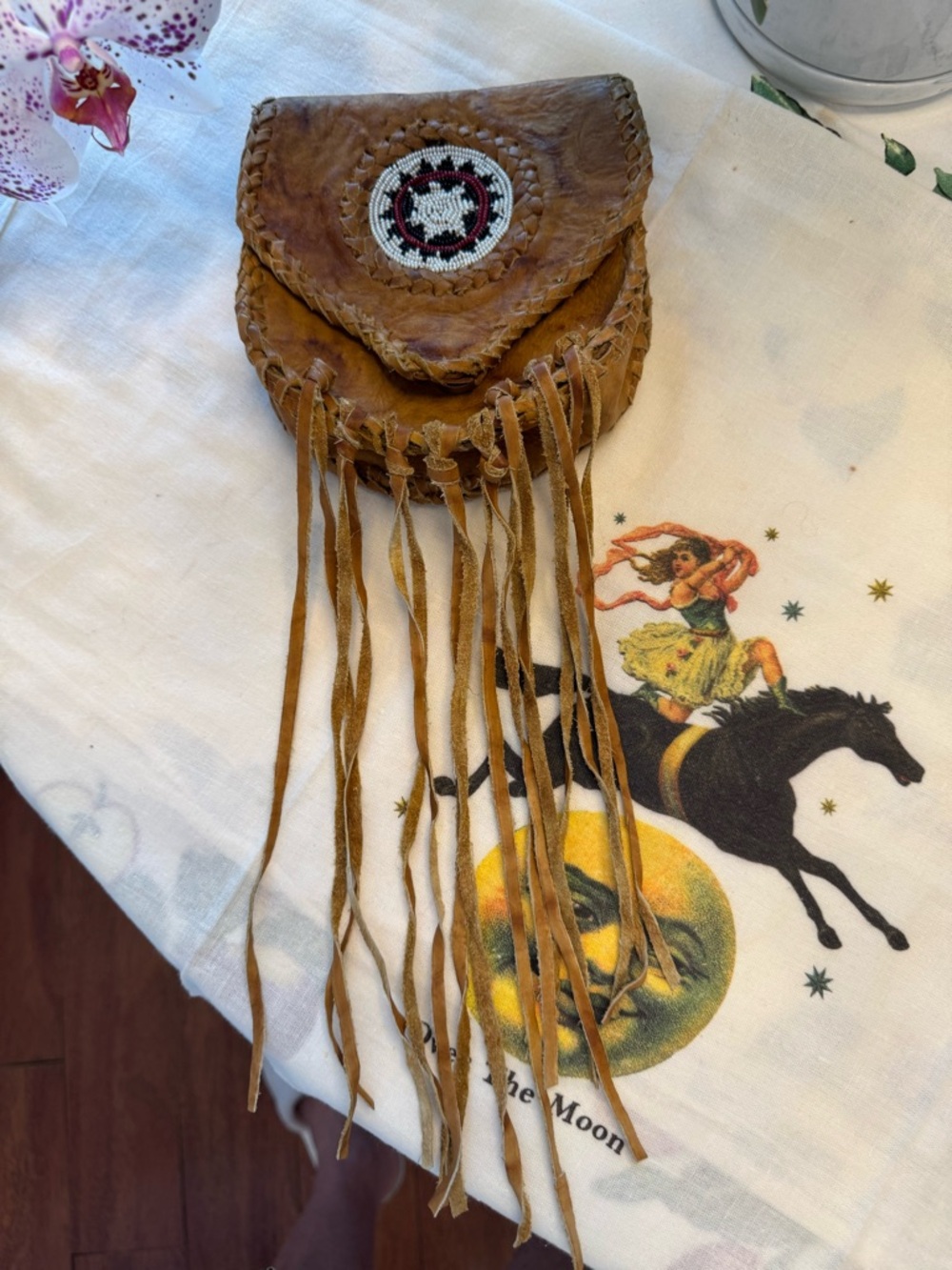 Handcrafted Brown Leather Fringe Belt Bag with Beaded Medallion - Picture 2 of 3
